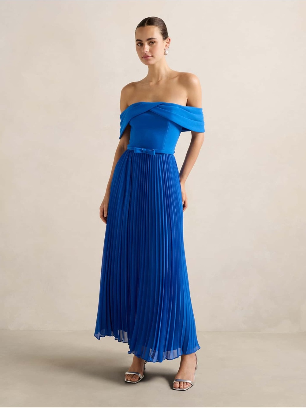Ever New Off-Shoulder Pleated Maxi Dress in Cobalt Blue
